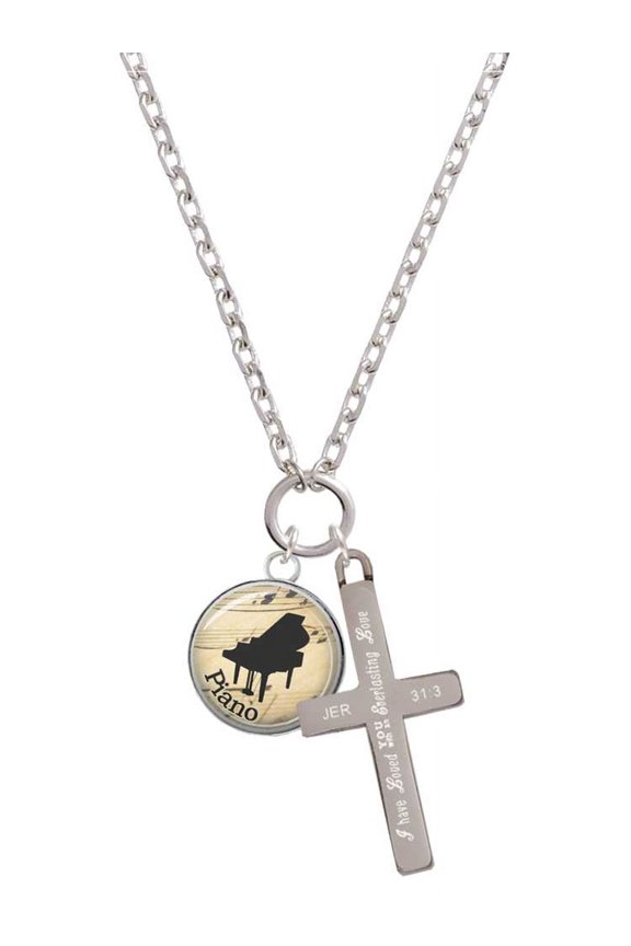 Silvertone Domed Music - Piano Everlasting Love Engraved Cross Zoey Necklace, 28"