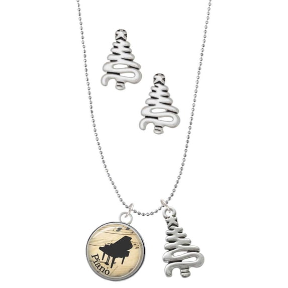 Delight Jewelry Silvertone Domed Music - Piano Silver tone Zig Zag Christmas Tree Charm Necklace and Stud Earrings