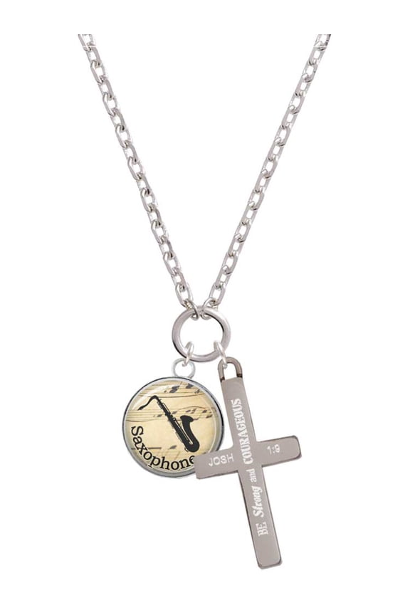 Silvertone Domed Music - Saxophone Be Strong and Courageous Engraved Cross Zoey Necklace, 28"