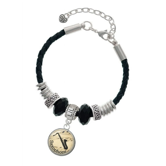 Delight Jewelry Silvertone Domed Music - Saxophone Middle Sister Celtic Knot Leather Bead Bracelet, 7"+2" Extender
