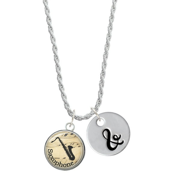 Delight Jewelry Silvertone Domed Music - Saxophone Silvertone Script Initial Disc - & - Charm Necklace, 20"+3"
