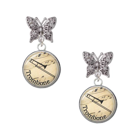 Delight Jewelry Silvertone Domed Music - Trombone Silvertone Antiqued Butterfly Post Earrings