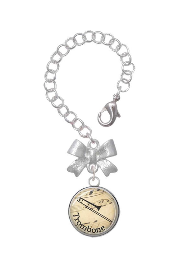 Silvertone Domed Music - Trombone - Silvertone Bow Charm Accessory for Tumblers and Thermal Cups