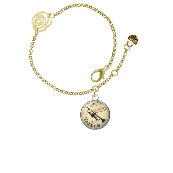 Delight Jewelry Silvertone Domed Music - Trumpet Gold-tone Rose Link Chain Bracelet, 6.25"+1.75" Extender