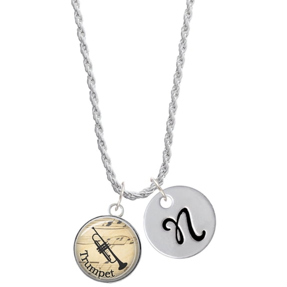 Delight Jewelry Silvertone Domed Music - Trumpet Silvertone Script Initial Disc - N - Charm Necklace, 20"+3"