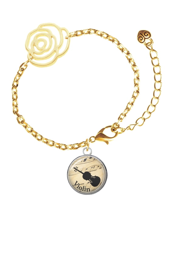 Silvertone Domed Music - Violin Gold-tone Flower Link Chain Bracelet, 6.75"+2" Extender
