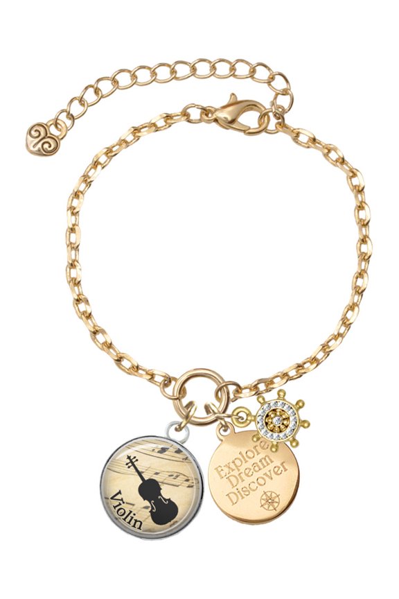 Silvertone Domed Music - Violin Goldtone Discover Dream Explore Zoey Charm Bracelet, 6.5+2" Extender