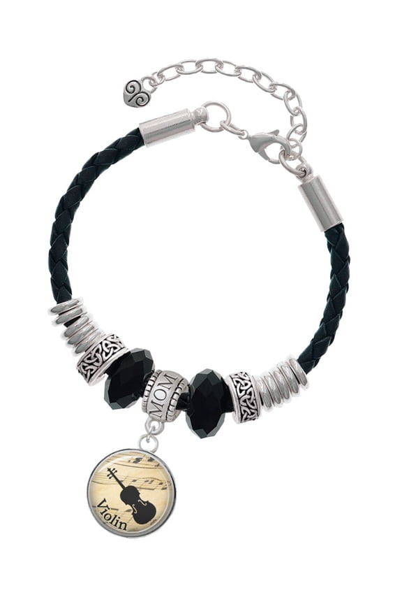 Silvertone Domed Music - Violin Mom Celtic Knot Leather Bead Bracelet, 7"+2" Extender