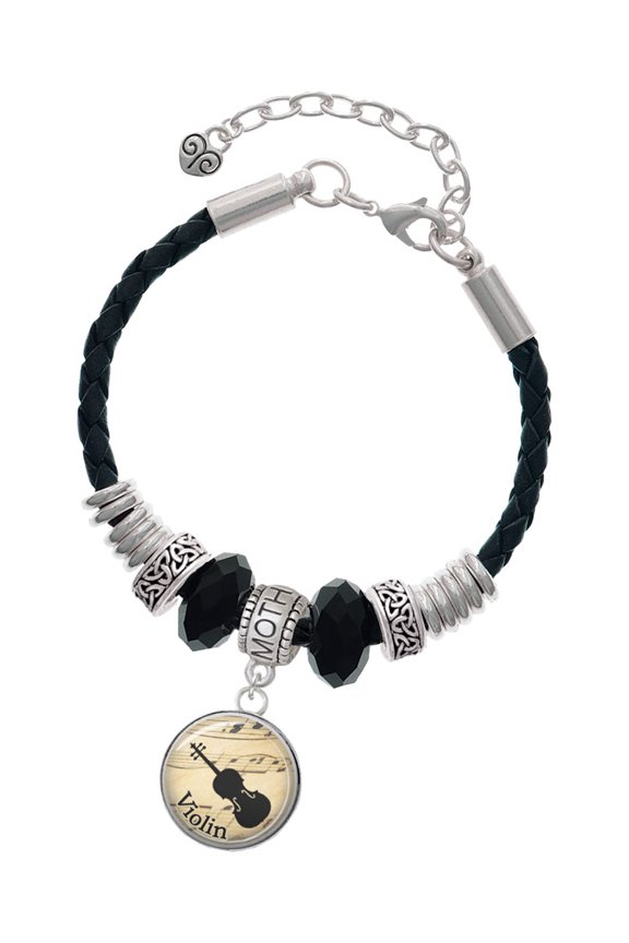 Silvertone Domed Music - Violin Mother Celtic Knot Leather Bead Bracelet, 7"+2" Extender