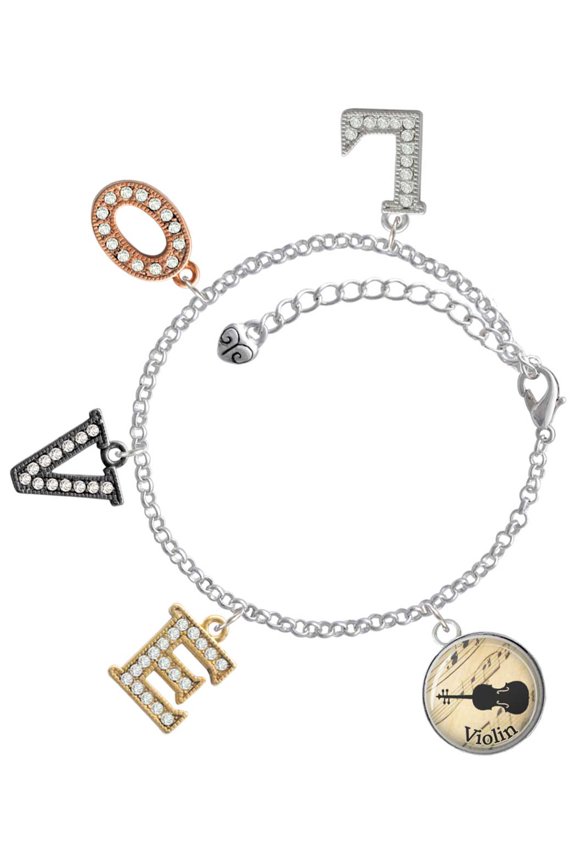 Silvertone Domed Music - Violin Multi-Colored Crystal Love Charm Bracelet