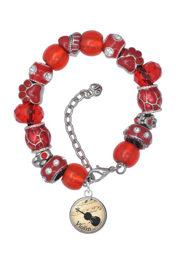 Silvertone Domed Music - Violin Red Paw Print Bead Bracelet, 7"+2"