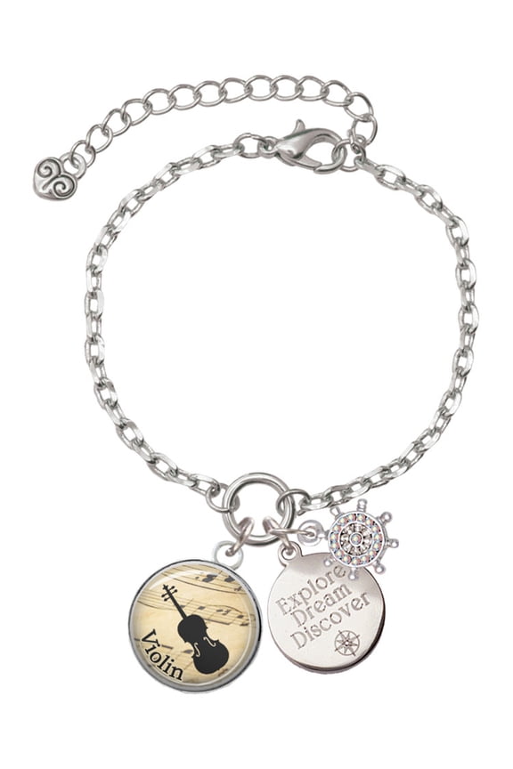 Silvertone Domed Music - Violin Silvertone Discover Dream Explore Zoey Charm Bracelet, 6.5+2" Extender