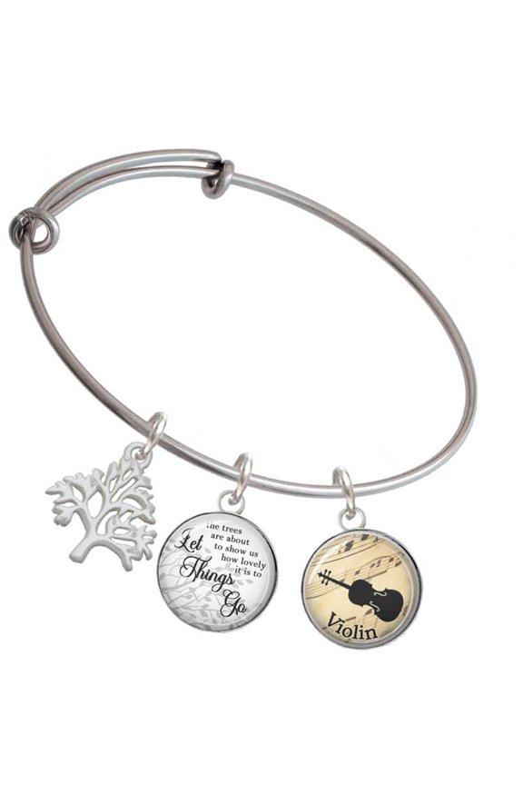 Silvertone Domed Music - Violin Silvertone Let Things Go Tree Charm Bangle Bracelet