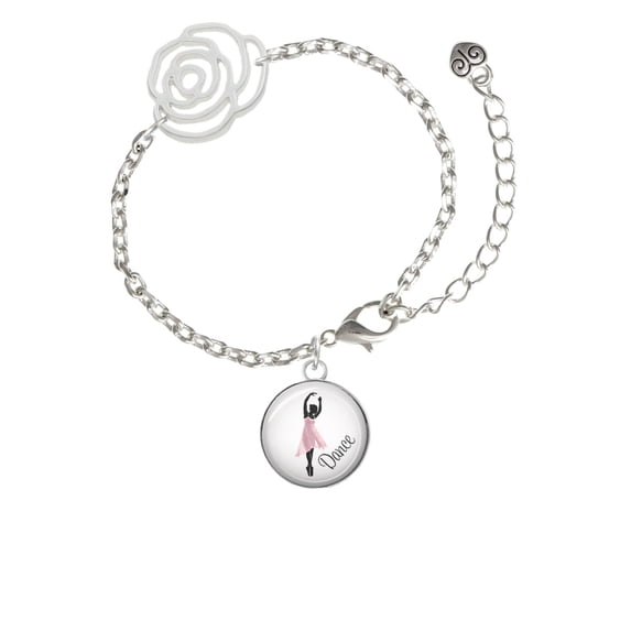 Delight Jewelry Silvertone Domed Pink Ballet Dancer Silver-tone Flower Link Chain Bracelet, 6.75"+2" Extender