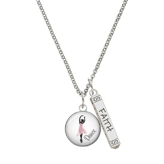Delight Jewelry Silvertone Domed Pink Ballet Dancer Silvertone Believe Faith Prayer Hope Bar Charm Necklace, 23"