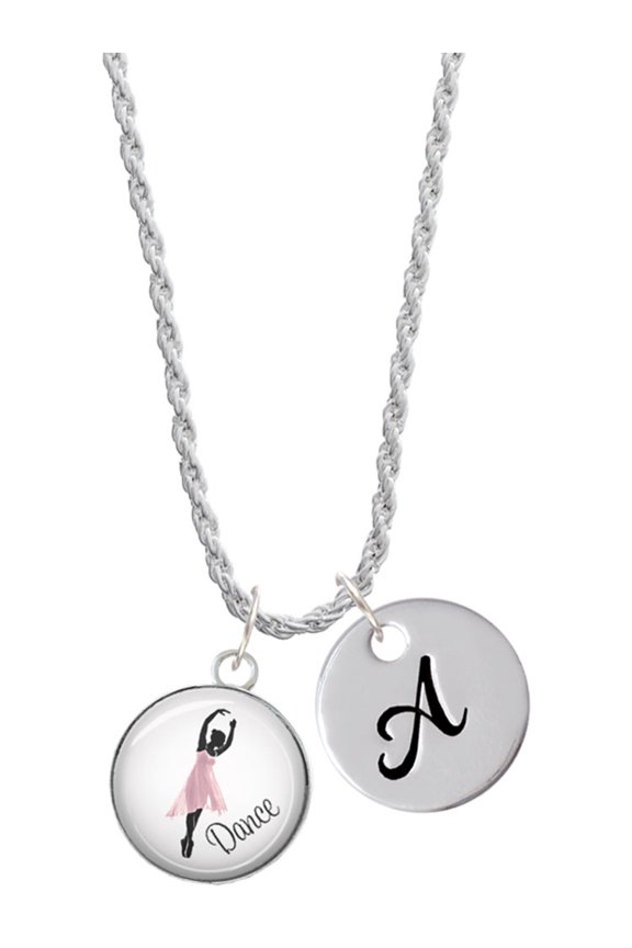 Silvertone Domed Pink Ballet Dancer Silvertone Script Initial Disc - A - Charm Necklace, 20"+3"