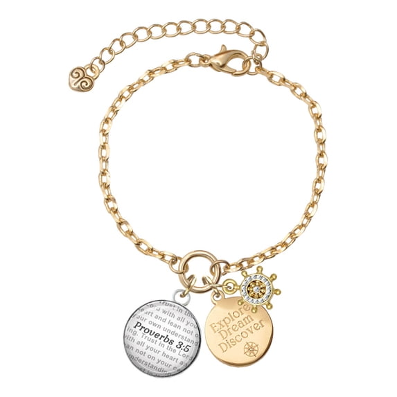 Delight Jewelry Silvertone Domed Proverbs 3:5 Goldtone Discover Dream Explore Zoey Charm Bracelet, 6.5+2" Extender