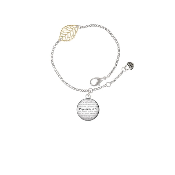 Delight Jewelry Silvertone Domed Proverbs 3:5 - Goldtone Leaf Delicate Bracelet, 6.25+1.75"