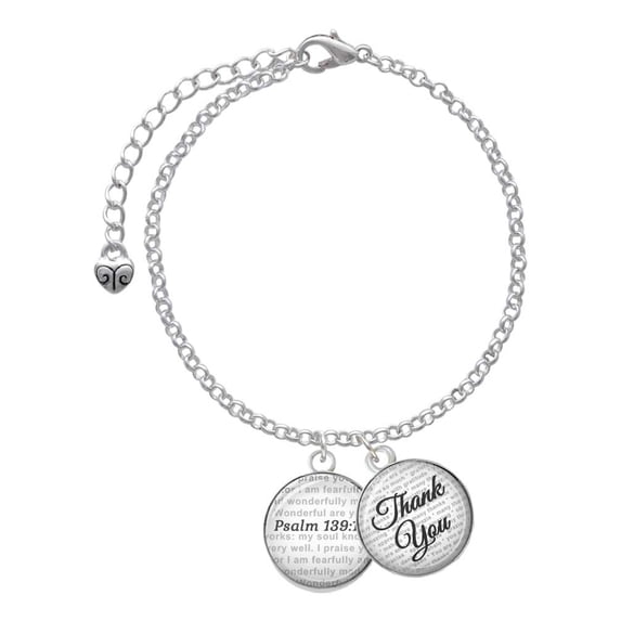 Delight Jewelry Silvertone Domed Psalm 139:14 - Domed Thank You Charm Bracelet, 6"+2"