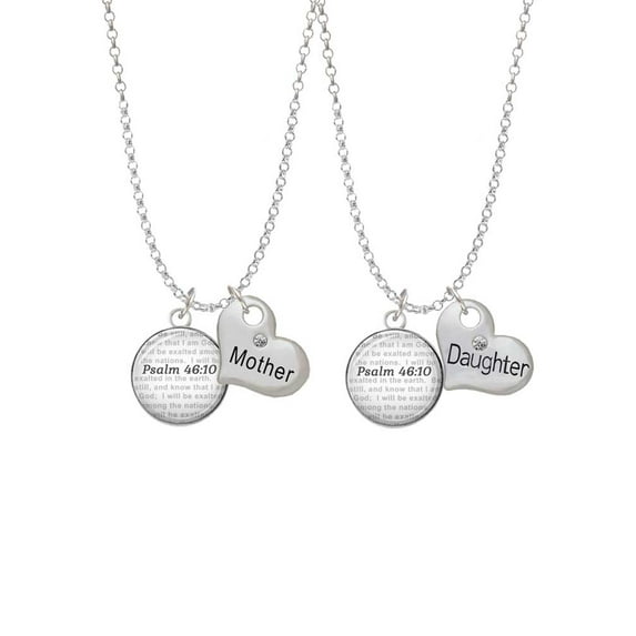 Delight Jewelry Silvertone Domed Psalm 46:10 Mother & Daughter Heart Necklaces (Set of 2), 19"+2"