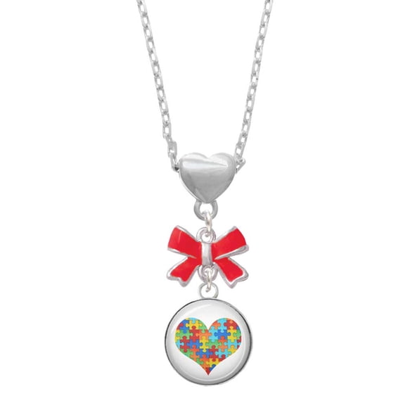 Delight Jewelry Silvertone Domed Puzzle Piece Heart Red Bow Heart Necklace
