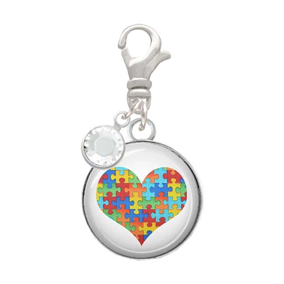 Delight Jewelry Silvertone Domed Puzzle Piece Heart - Silvertone Clip on Charm with Clear Crystal Drop