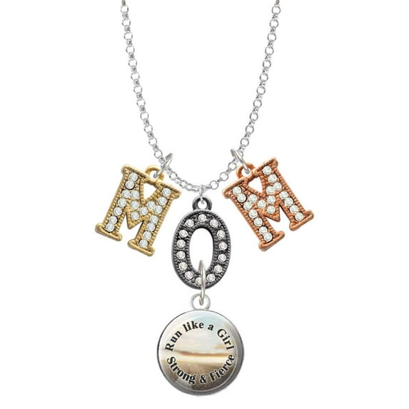 Delight Jewelry Silvertone Domed Run Like a Girl - Strong and Fierce Multi-Colored Crystal Mom Charm Necklace