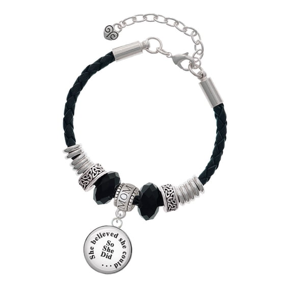Delight Jewelry Silvertone Domed She Believed She Could So She Did Mom Celtic Knot Leather Bead Bracelet, 7"+2" Extender