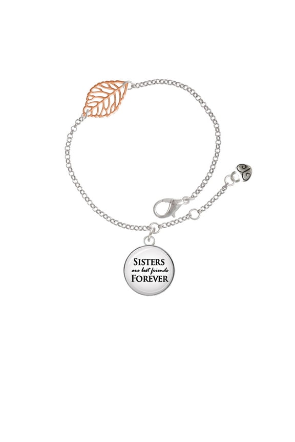 Silvertone Domed Sisters are Best Friends Forever - Rose Goldtone Leaf Delicate Bracelet, 6.25+1.75"