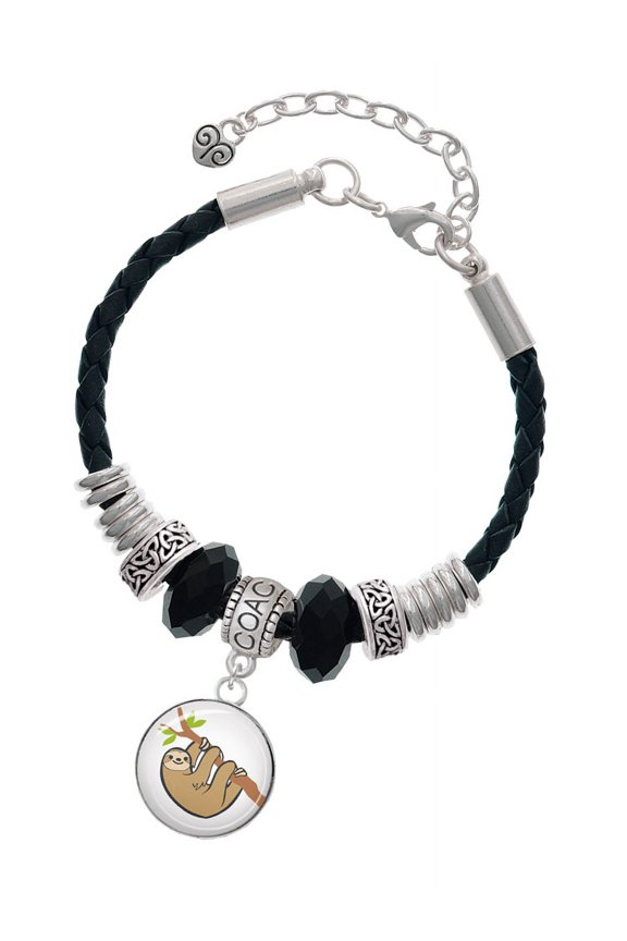 Silvertone Domed Sloth Coach Celtic Knot Leather Bead Bracelet, 7"+2" Extender