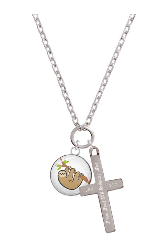 Silvertone Domed Sloth Everlasting Love Engraved Cross Zoey Necklace, 28"