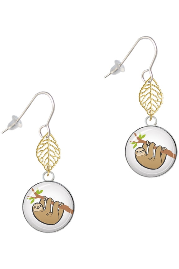 Silvertone Domed Sloth Goldtone Leaf French Earrings
