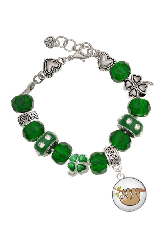 Silvertone Domed Sloth - Green Irish Luck Bead Charm Bracelet, 7.5"
