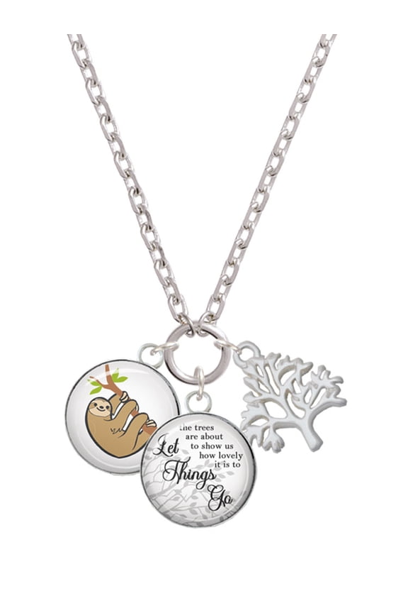 Silvertone Domed Sloth Let Things Go Fall Zoey Charm Necklace, 28"