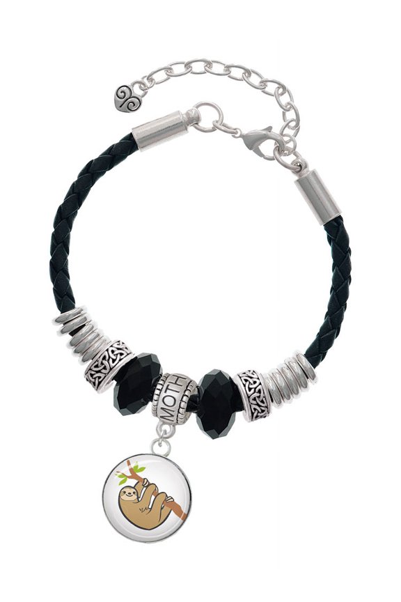 Silvertone Domed Sloth Mother Celtic Knot Leather Bead Bracelet, 7"+2" Extender