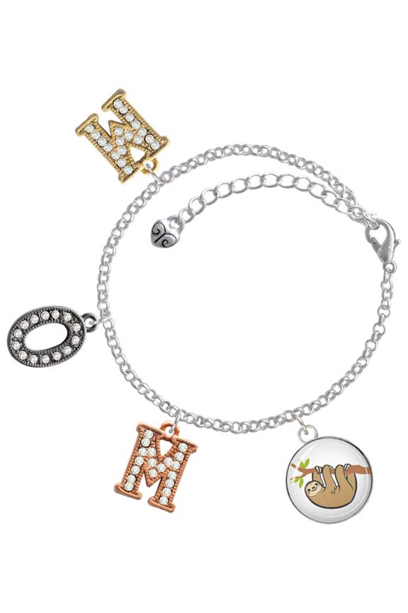 Silvertone Domed Sloth Multi-Colored Crystal Mom Charm Bracelet