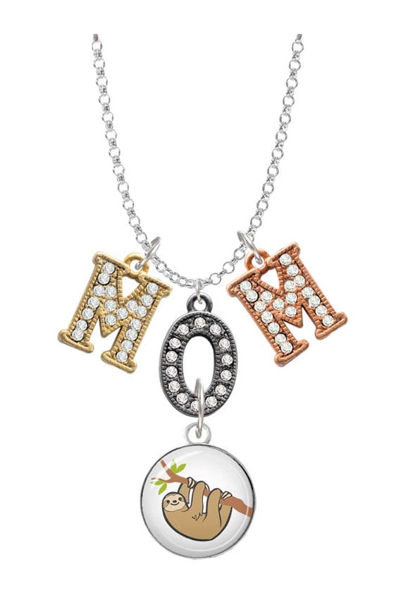 Silvertone Domed Sloth Multi-Colored Crystal Mom Charm Necklace