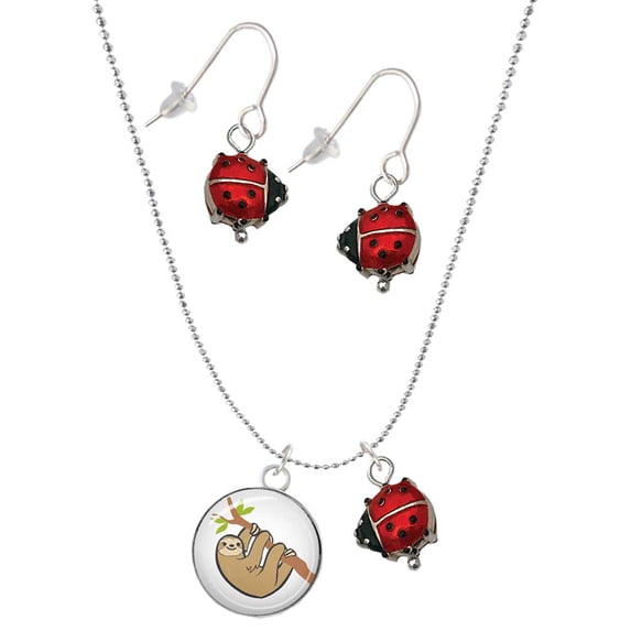 Delight Jewelry Silvertone Domed Sloth Red Lucky Ladybug Necklace and Dangle Earrings Set