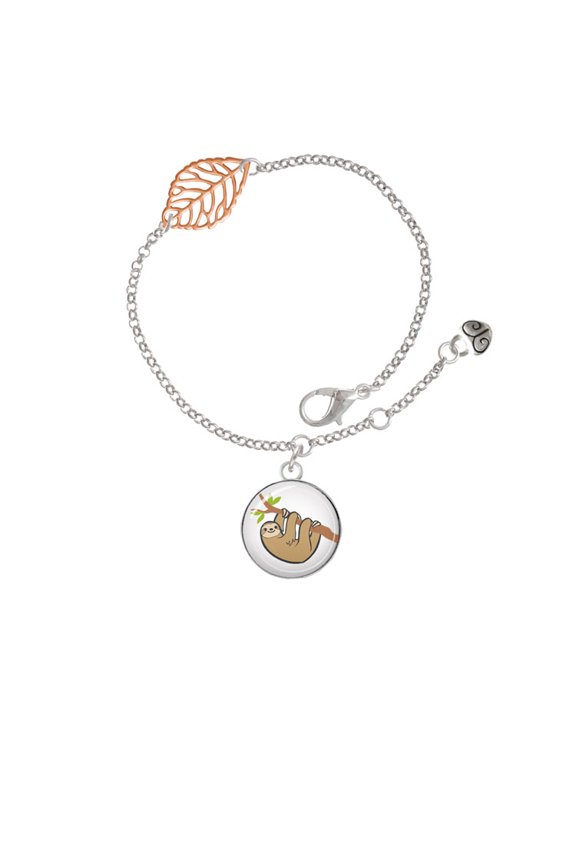 Silvertone Domed Sloth - Rose Goldtone Leaf Delicate Bracelet, 6.25+1.75"