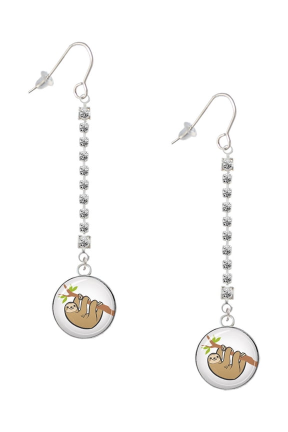 Silvertone Domed Sloth - Silver-tone Long Sparkle Dangle French Earrings