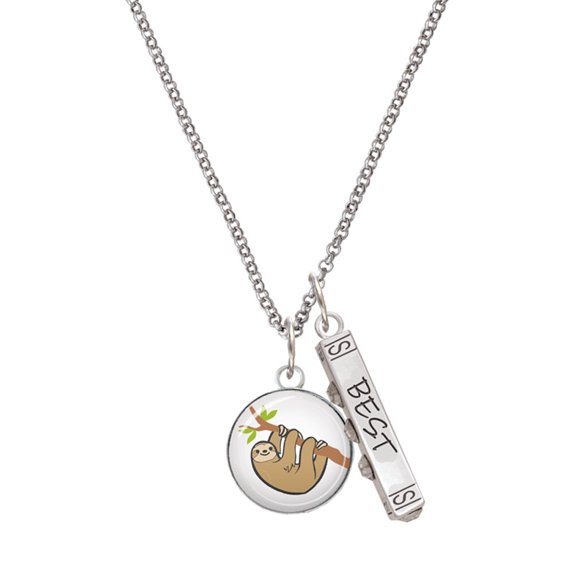 Delight Jewelry Silvertone Domed Sloth Silvertone Best Friends Forever Bar Charm Necklace, 23"