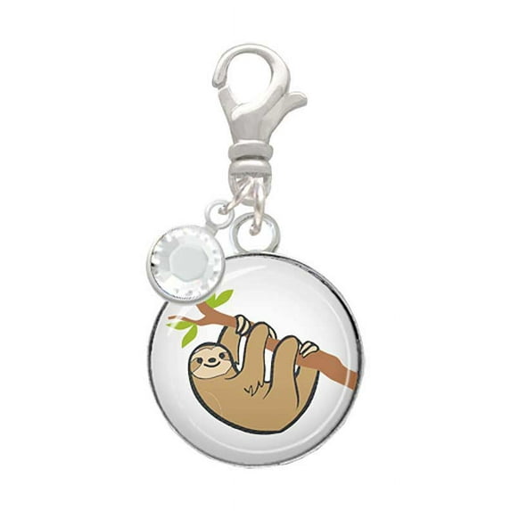 Delight Jewelry Silvertone Domed Sloth - Silvertone Clip on Charm with Clear Crystal Drop