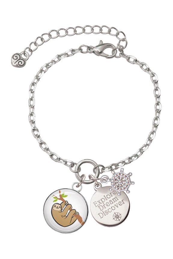 Silvertone Domed Sloth Silvertone Discover Dream Explore Zoey Charm Bracelet, 6.5+2" Extender