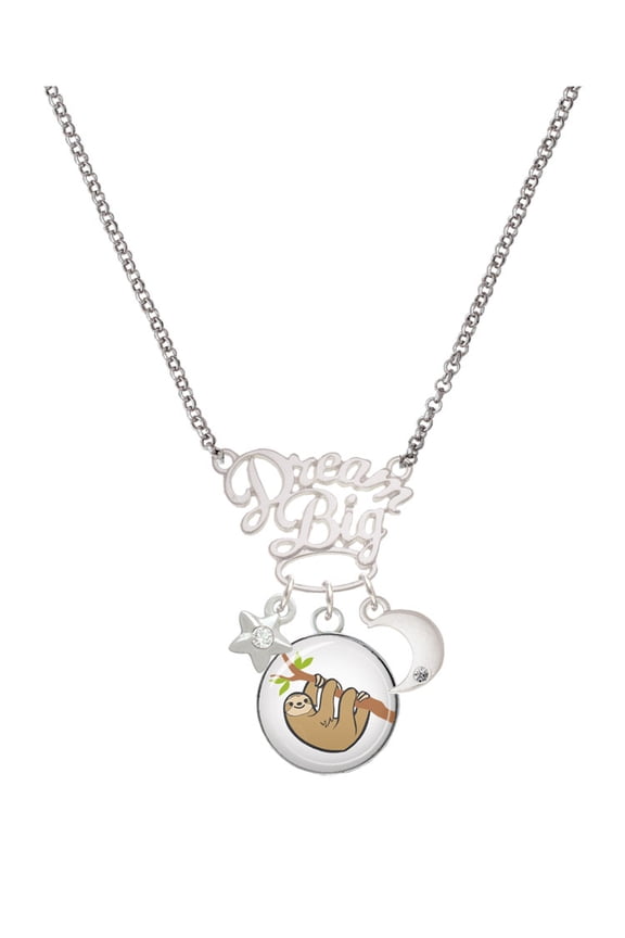 Silvertone Domed Sloth Silvertone Dream Big Pendant Necklace, 25"