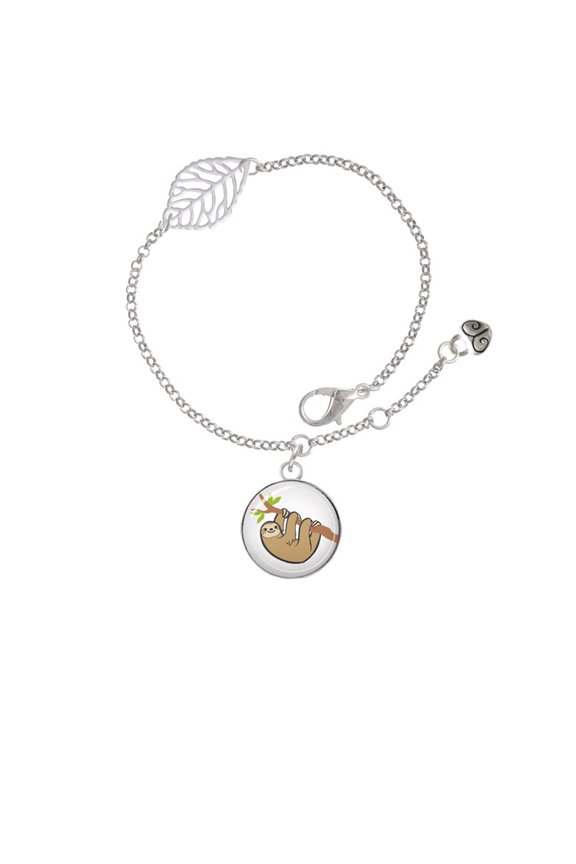 Silvertone Domed Sloth - Silvertone Leaf Delicate Bracelet, 6.25+1.75"