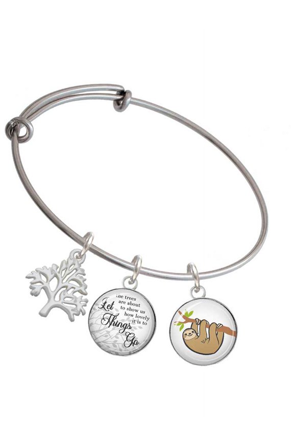 Silvertone Domed Sloth Silvertone Let Things Go Tree Charm Bangle Bracelet