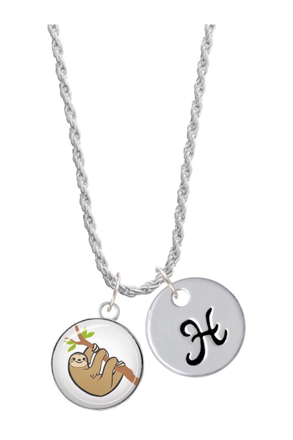 Silvertone Domed Sloth Silvertone Script Initial Disc - H - Charm Necklace, 20"+3"