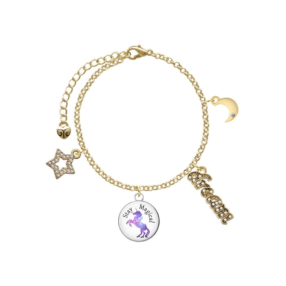 Delight Jewelry Silvertone Domed Stay Magical Unicorn Goldtone Dream Big Charm Bracelet, 7.5+2" Extender