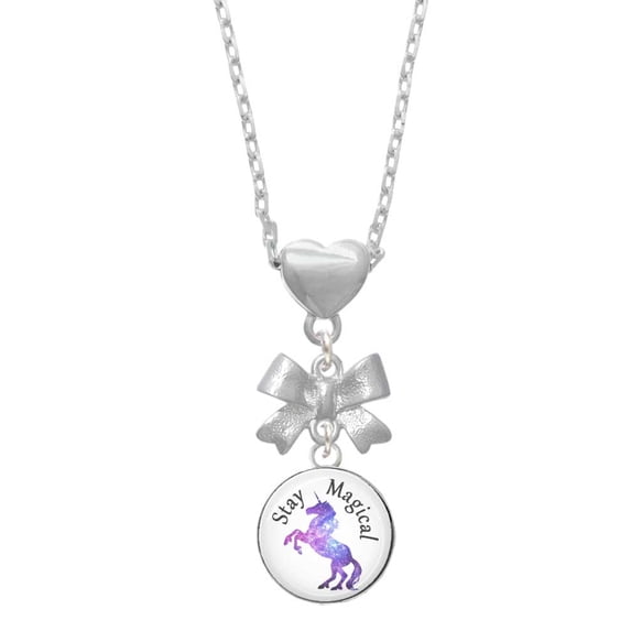 Delight Jewelry Silvertone Domed Stay Magical Unicorn Silver tone Bow Heart Necklace