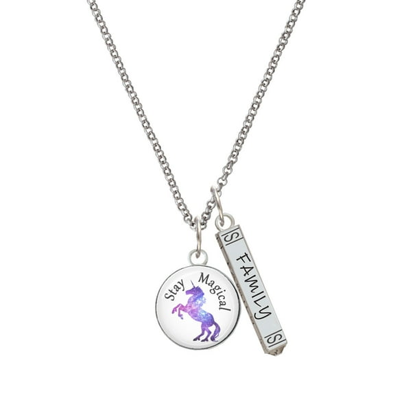 Delight Jewelry Silvertone Domed Stay Magical Unicorn Silvertone Family Bar Charm Necklace, 23"
